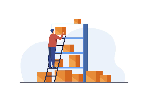 Free Vector | Man putting boxes on shelves of rack.