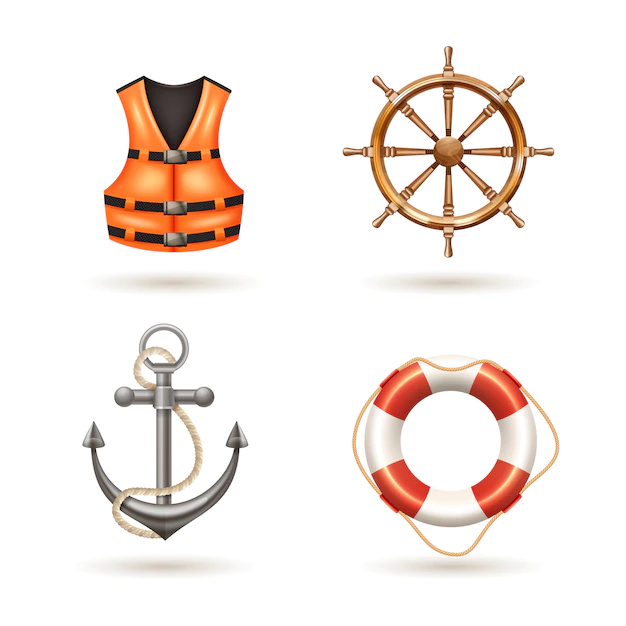 Free Vector | Marine realistic icons set with anchor life buoy life jacket and helm