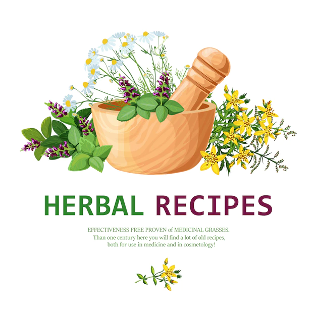 Free Vector | Medicinal herbs in mortar illustration