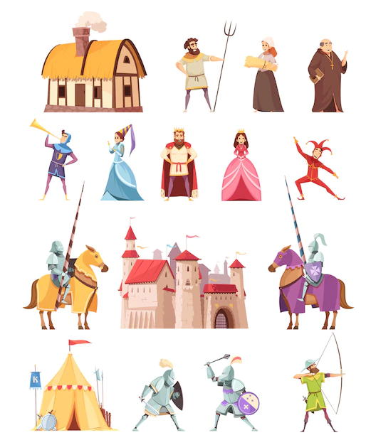 Free Vector | Medieval characters buildings icons set