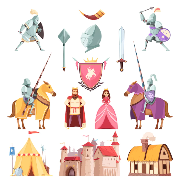 Free Vector | Medieval royal heraldry cartoon set