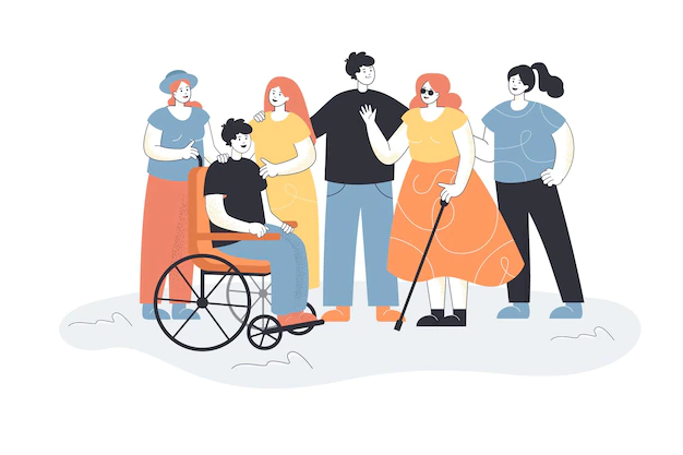 Free Vector | Men and women welcoming people with disabilities. group of people meeting blind female character and male in wheelchair.