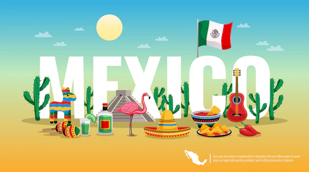 Free Vector | Mexico colorful horizontal composition header title with national flag cultural traditional symbols big letter