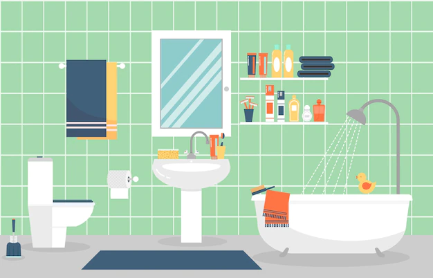 Free Vector | Modern bathroom interior with furniture in flat style. design modern bathroom, toothpaste and toothbrush, razor and lotion.