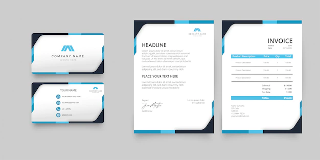 Free Vector | Modern stationery pack with blue shapes template