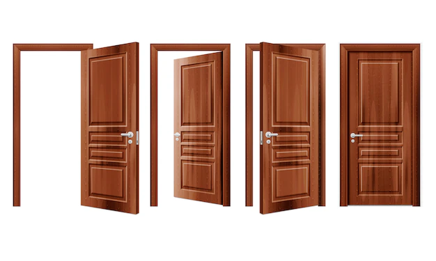 Free Vector | Modern wooden opened and closed door in different positions realistic set isolated illustration