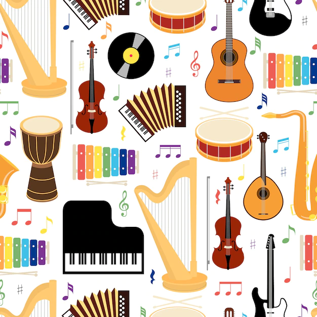 Free Vector | Musical instruments seamless background pattern with colored vector icons depicting drums  mandolin  guitar  keyboard  harp  saxophone  xylophone  vinyl record   violin and concertina in square format