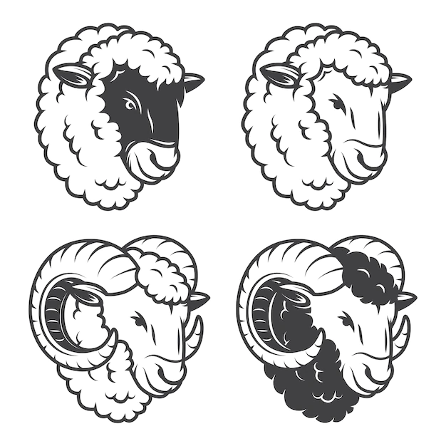 Free Vector | Of 4 sheeps and rams heads. monochrome, isolated on white background.