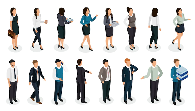 Free Vector | Office people in business clothing in various posture with accessories isometric set isolated