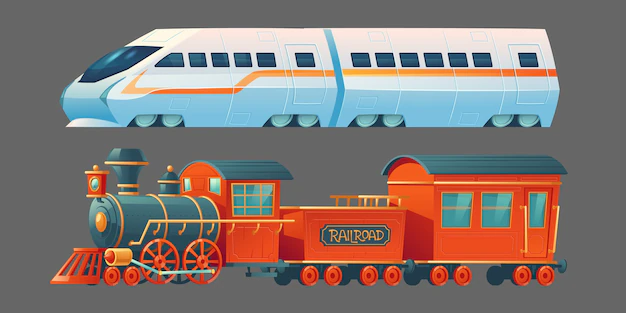 Free Vector | Old and modern trains, antique steam railroad transport and contemporary subway locomotive, city railway commuter transportation side view isolated on grey background. cartoon illustration