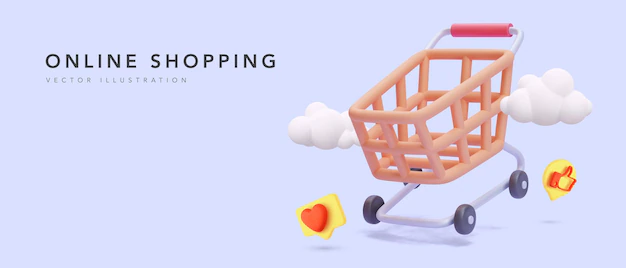 Free Vector | Online shopping banner with 3d shopping cart, clouds and social icons. vector illustration