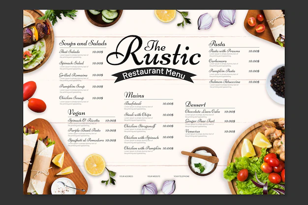 Free Vector | Organic flat rustic restaurant menu template with photo