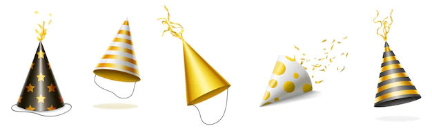 Free Vector | Party hats with gold and black stripes, dots and stars for birthday celebration.
