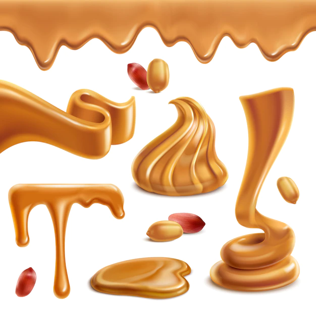 Free Vector | Peanut butter spread paste funny spiral figures melted puddles horizontal border roasted nuts realistic set