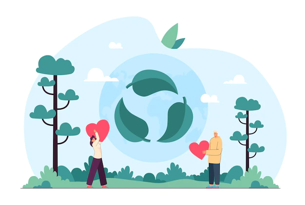 Free Vector | People with hearts fighting against pollution. reuse, reduce, recycle symbol, green energy, zero waste, save earth scene flat vector illustration. recycling, eco friendly lifestyle concept for banner