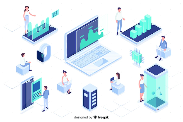 Free Vector | People working with technology isometric design