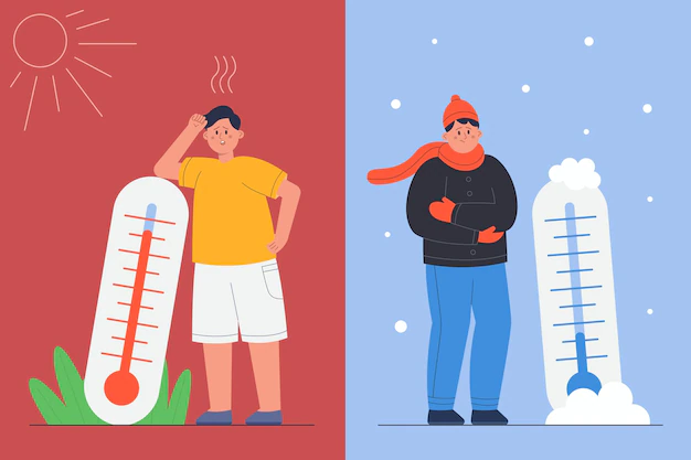 Free Vector | Person with winter cold, summer heat and thermometer. man standing in freeze and snow or suffering from hot weather flat vector illustration. meteorology, extreme high and low temperature concept