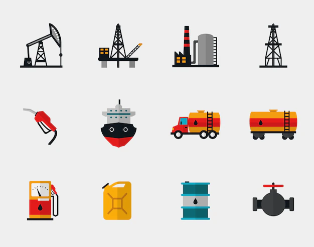 Free Vector | Petrol production, oil refining and petroleum transportation flat set. pump and transportation, plant and transport, refueling and barrel