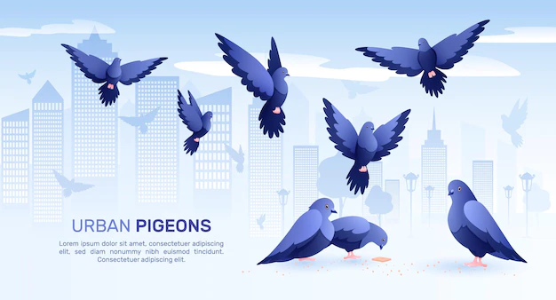 Free Vector | Pigeons flat composition with cityscape silhouettes of birds and pigeons