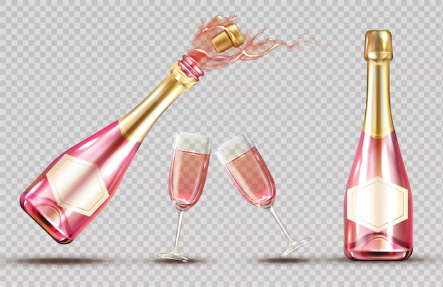 Free Vector | Pink champagne explosion bottle and wineglass set