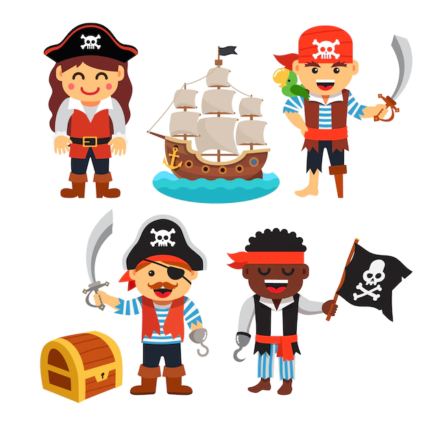 Free Vector | Pirate kids set: treasure chest, black flag, ship