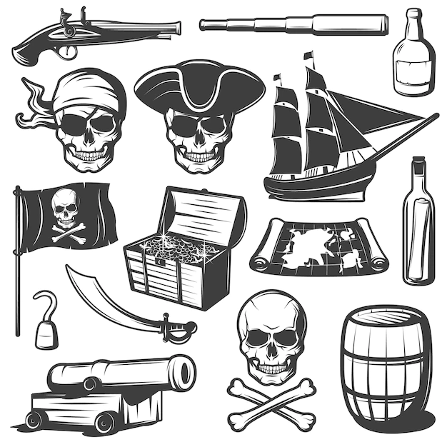 Free Vector | Pirates icon set with skulls treasures and pirate weapons black and isolated