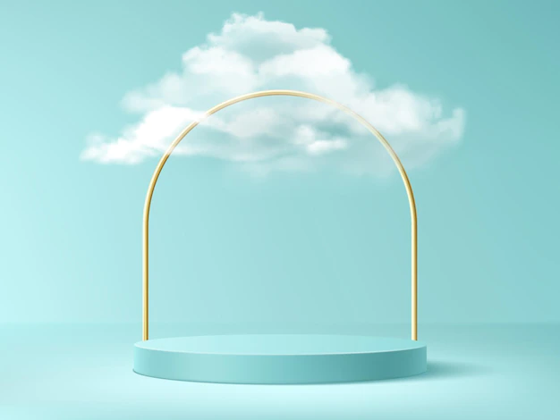 Free Vector | Podium with clouds and gold arch, abstract background with empty cylindrical stage for award ceremony