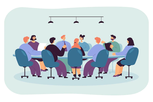 Free Vector | Politician sitting at round table in boardroom. board of directors with ceo holding formal talk in office room flat vector illustration. business authority, corporate leader, planning strategy concept