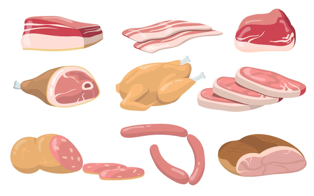 Free Vector | Pork, beef and lamb raw meat flat item set. cartoon fresh meat products, steaks and sausages isolated vector illustration collection. food and nutrition concept