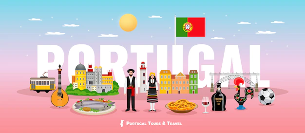 Free Vector | Portugal tourism concept with cuisine people and sights symbols flat