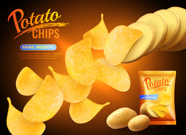 Free Vector | Potato chips advertising composition with realistic images of crisps natural potatoes and pack shot