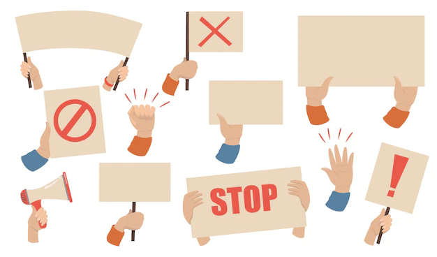 Free Vector | Protest placards set. hands of activists holding megaphones, banners and posters with stop signs. vector illustration for workers strike, demonstration, riot concept