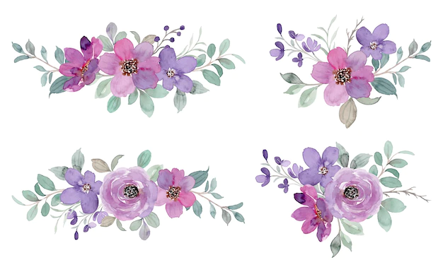 Free Vector | Purple green floral arrangement collection with watercolor
