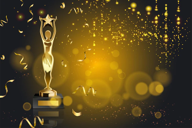 Free Vector | Realistic award with lights, golden confetti and trophy with figurine holding star illustration