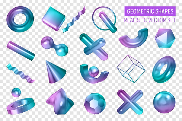 Free Vector | Realistic geometric shapes color transparent set with isolated 3d geometrical bodies painted in gradient colour shades