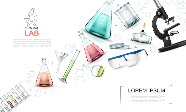 Free Vector | Realistic laboratory research elements template with glass flasks test tubes spirit lamp burner