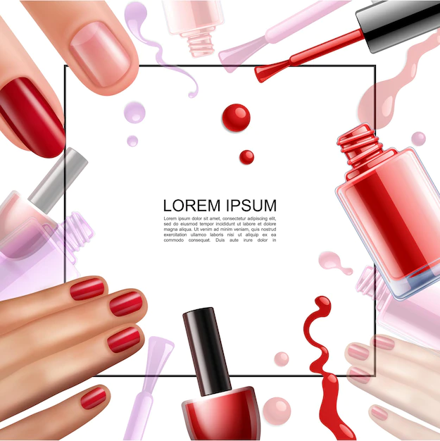 Free Vector | Realistic nail polish design template with frame for text colorful bottles brushes lacquer splashes drops and female hands with pretty manicure