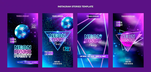 Free Vector | Realistic neon party instagram stories with disco balls