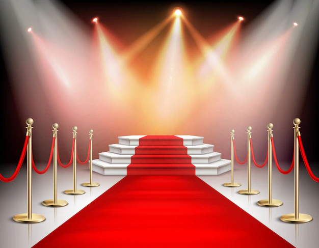 Free Vector | Realistic red carpet and pedestal with illumination and barrier fences with velvet rope