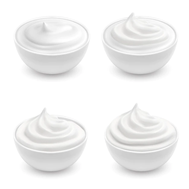 Free Vector | Realistic set of white bowls with sour cream, mayonnaise, yogurt, sweet dessert