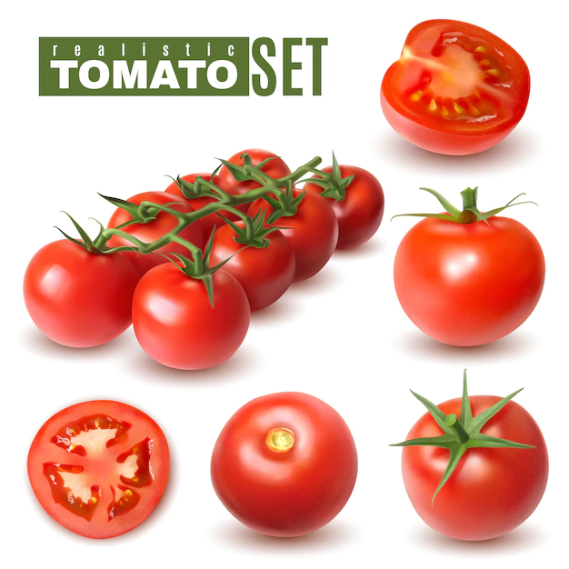 Free Vector | Realistic tomato set of isolated images with single tomato fruits and groups with shadows and text
