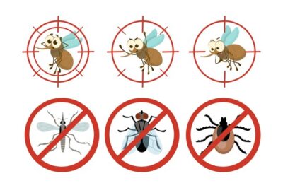 Free Vector | Red prohibiting sign with insects cartoon illustration set. stop or anti mosquito sign, tick, flies, bloodsuckers danger warning signal, mosquito target. malaria, epidemic, contamination concept