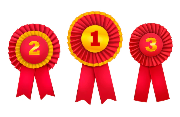 Free Vector | Rewarding badges rosettes award realistic set of orders for top winning places decorated with red ribbons