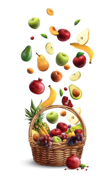 Free Vector | Ripe fruits falling in traditional wicker basket with handle realistic composition with pear banana apple