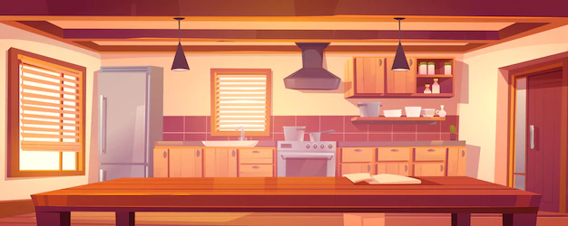 Free Vector | Rustic kitchen empty interior with wood furniture