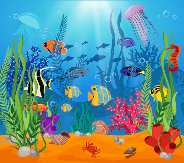 Free Vector | Sea life animals plants composition colored cartoon with marine life and various types of algae
