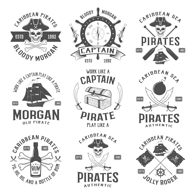 Free Vector | Sea robbers monochrome emblems with piratic symbol compass weapons sailboat rum bottle chest ribbon isolated vector illustration