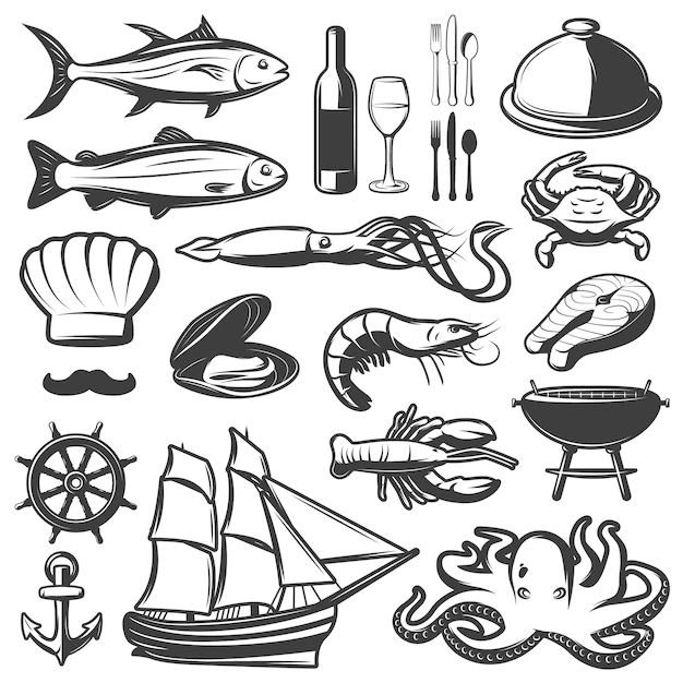 Free Vector | Seafood icon set with fish and vine which are prepared in restaurant