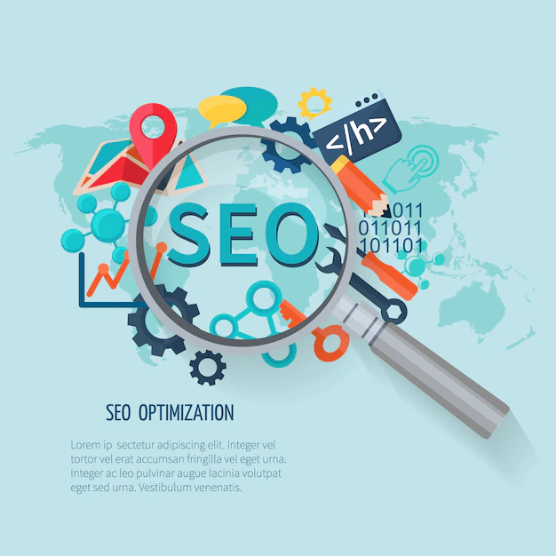 Free Vector | Seo marketing concept with research symbols world map and magnifier