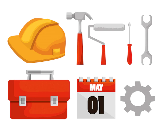 Free Vector | Set construction tools and calendar to labor day